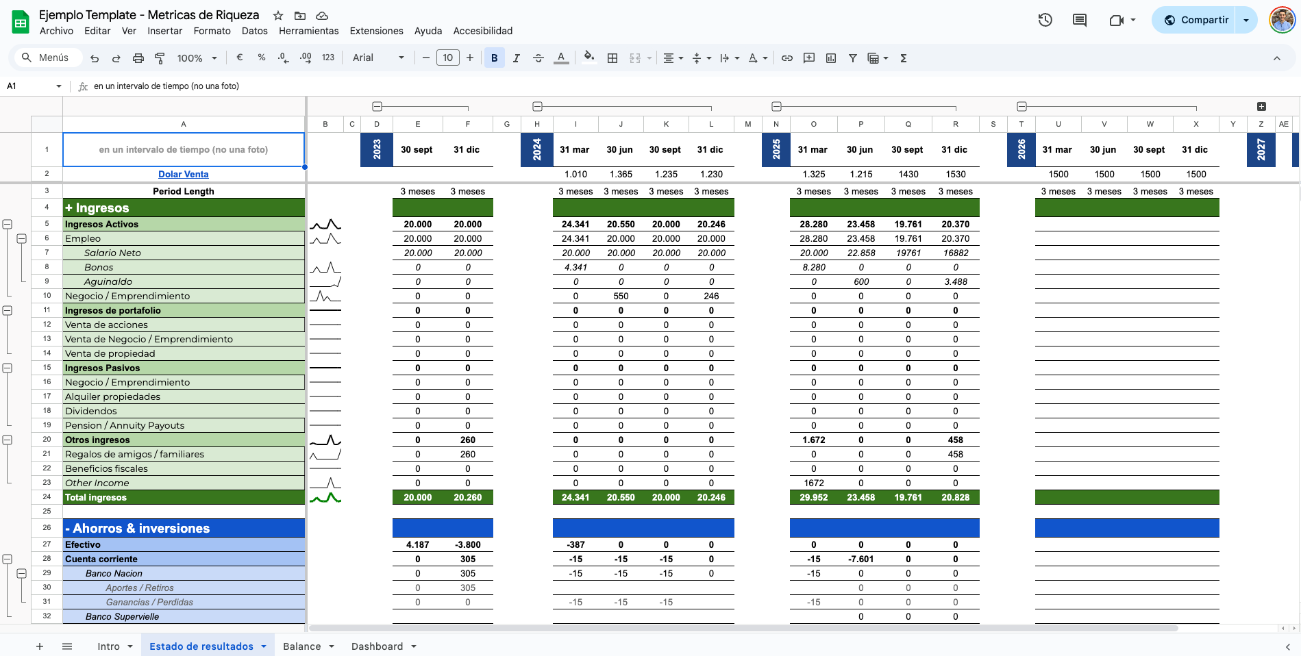 Vista previa del Excel financiero